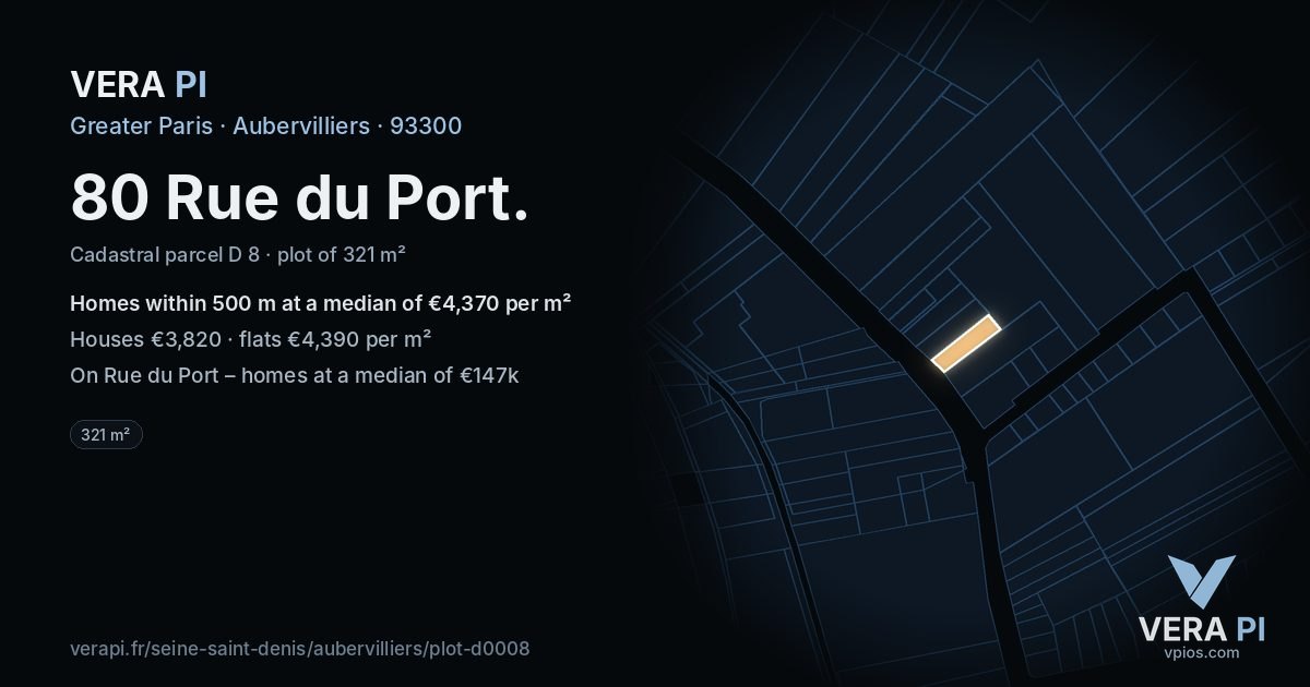80 Rue du Port, Aubervilliers at night – the plot lit, the parcels around coloured by the prices near them