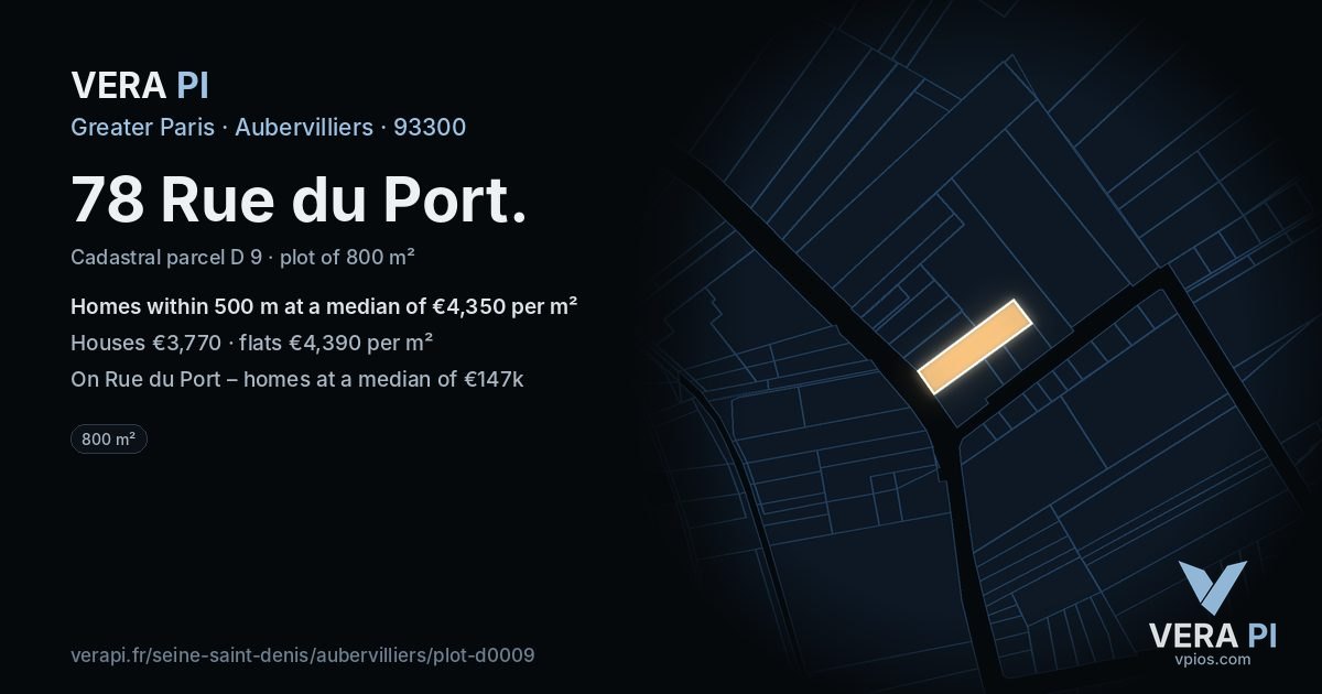 78 Rue du Port, Aubervilliers at night – the plot lit, the parcels around coloured by the prices near them