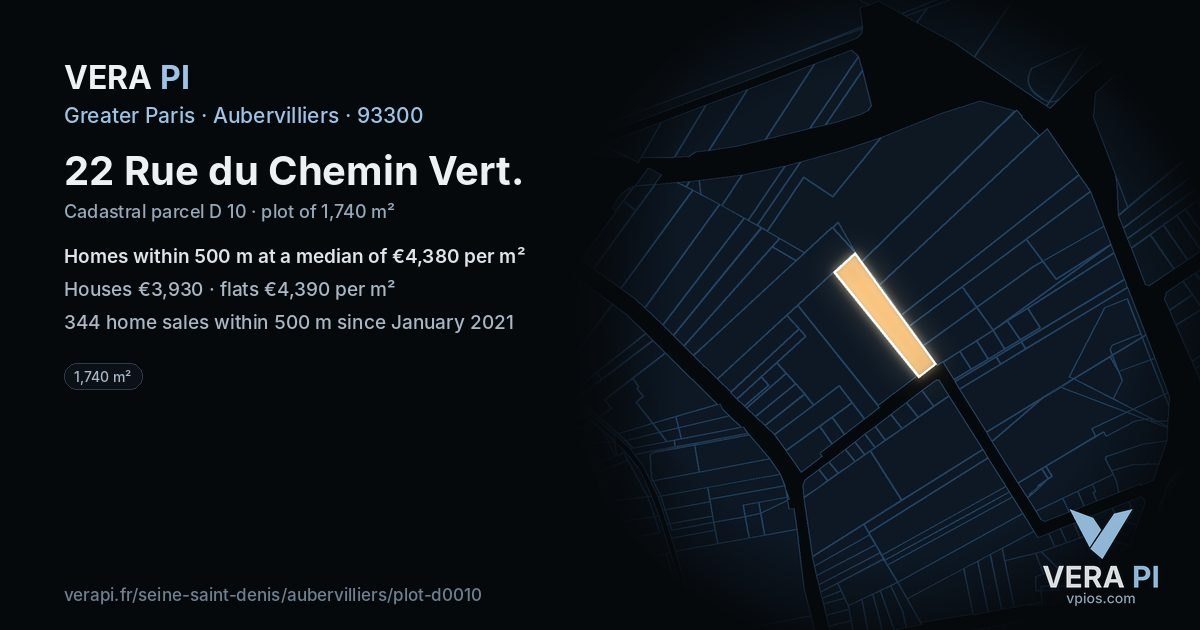 22 Rue du Chemin Vert, Aubervilliers at night – the plot lit, the parcels around coloured by the prices near them