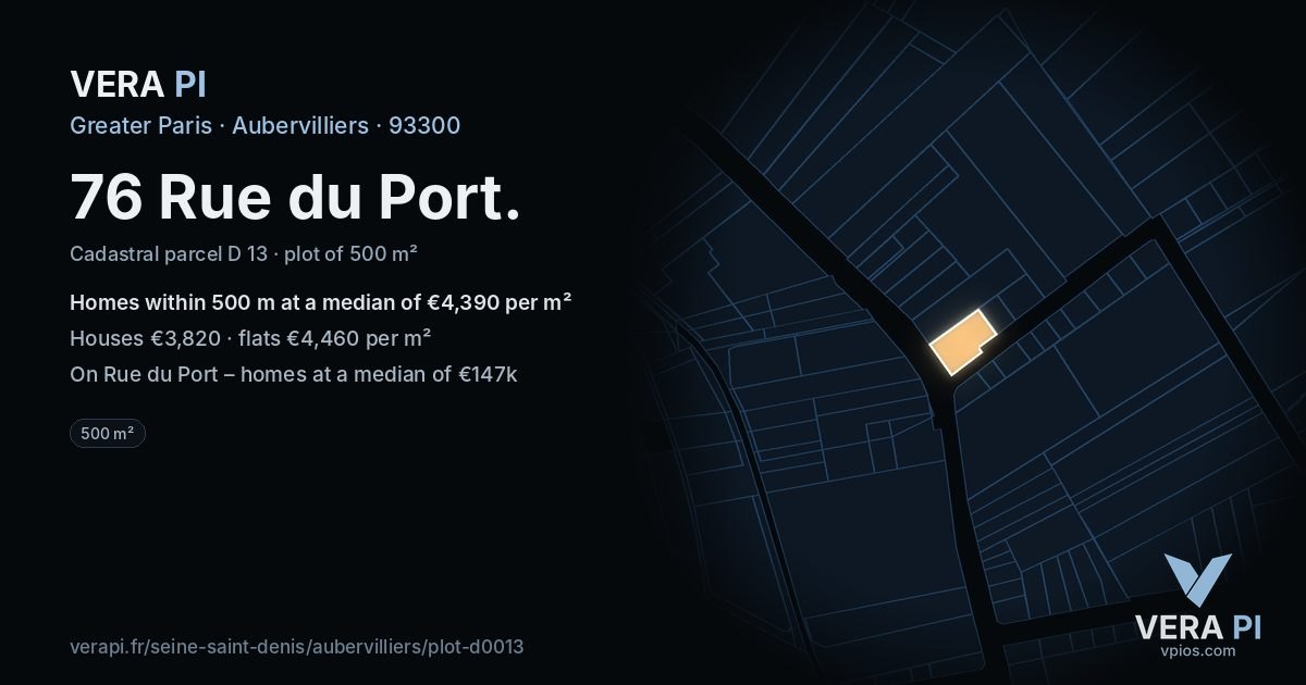 76 Rue du Port, Aubervilliers at night – the plot lit, the parcels around coloured by the prices near them