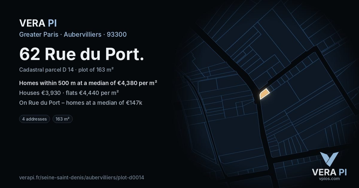 62 Rue du Port, Aubervilliers at night – the plot lit, the parcels around coloured by the prices near them