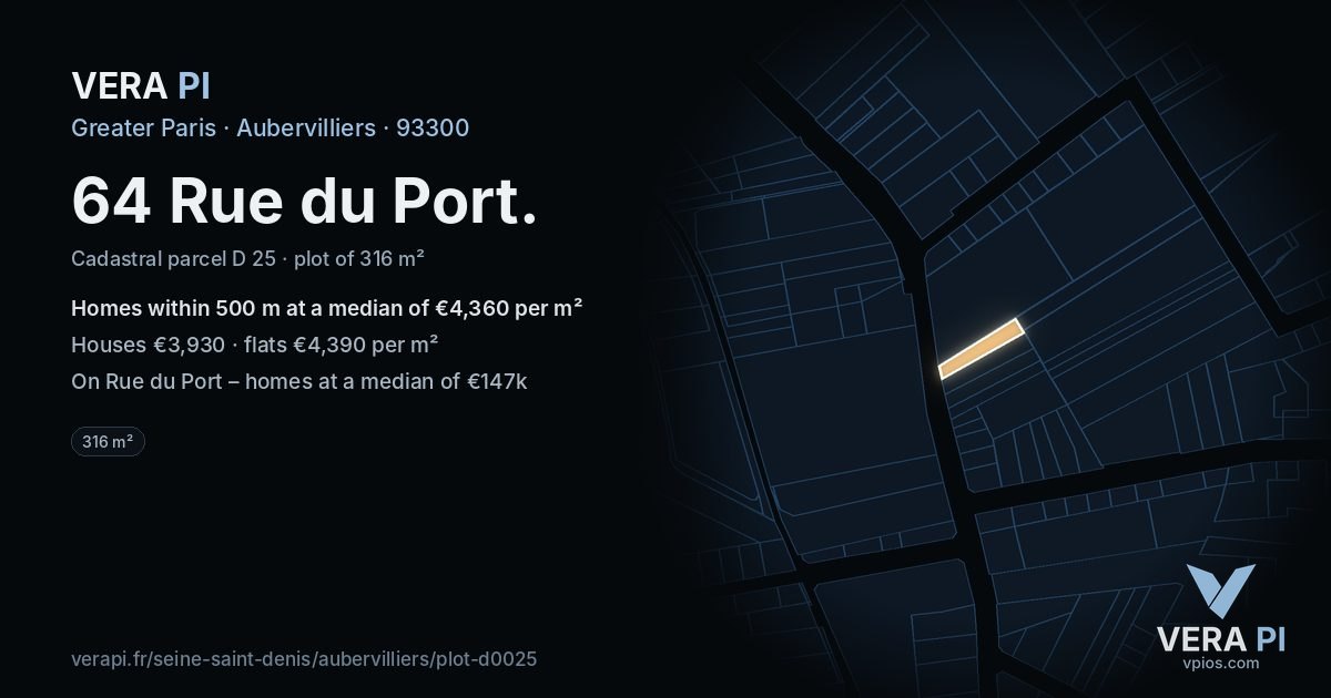 64 Rue du Port, Aubervilliers at night – the plot lit, the parcels around coloured by the prices near them