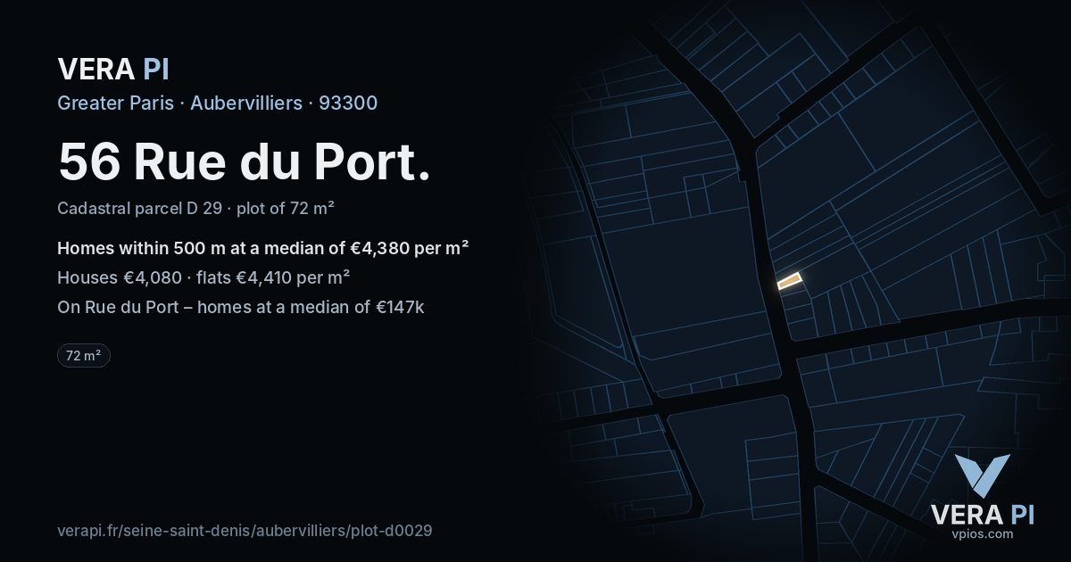 56 Rue du Port, Aubervilliers at night – the plot lit, the parcels around coloured by the prices near them