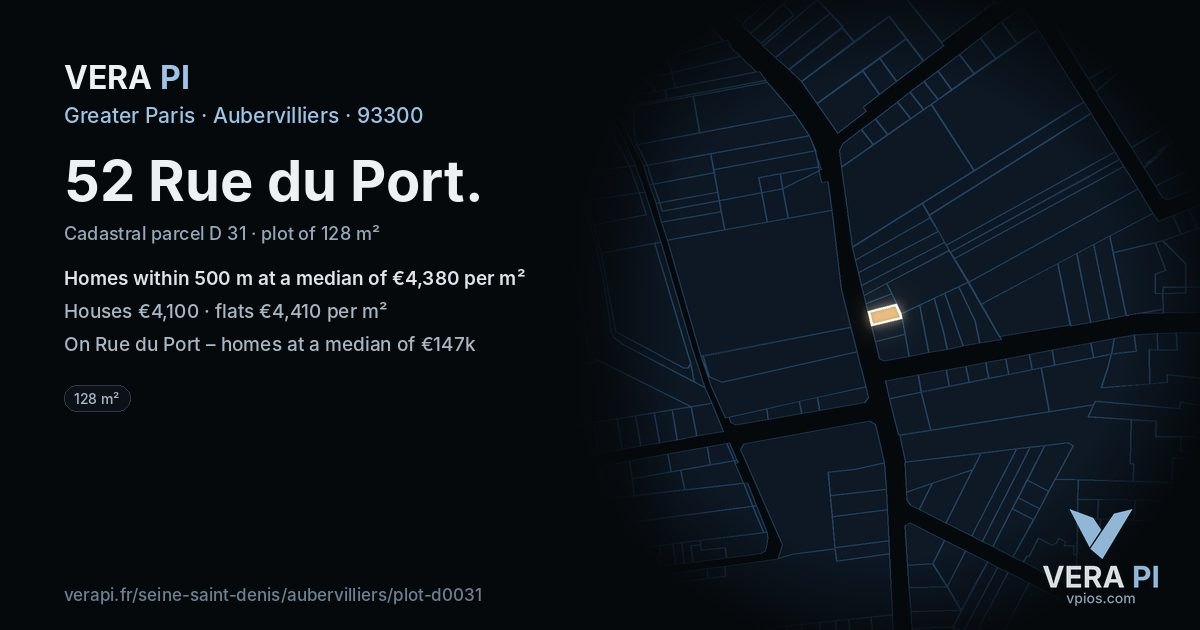52 Rue du Port, Aubervilliers at night – the plot lit, the parcels around coloured by the prices near them