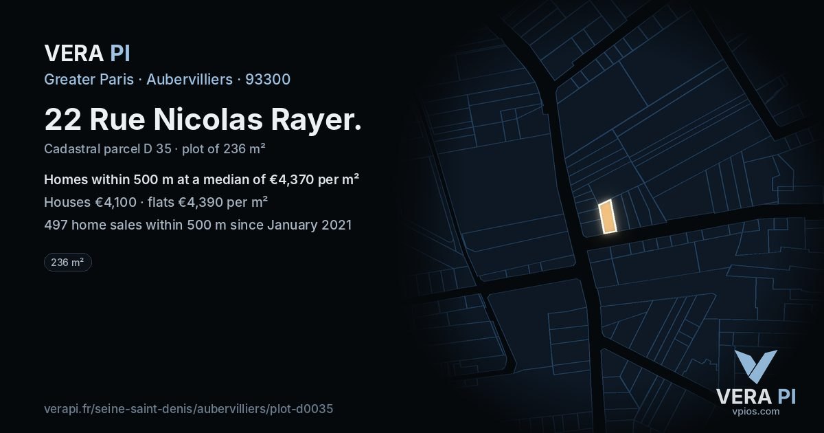 22 Rue Nicolas Rayer, Aubervilliers at night – the plot lit, the parcels around coloured by the prices near them