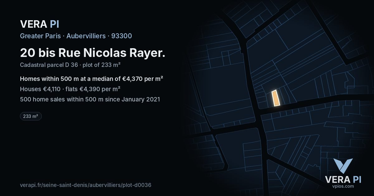 20 bis Rue Nicolas Rayer, Aubervilliers at night – the plot lit, the parcels around coloured by the prices near them
