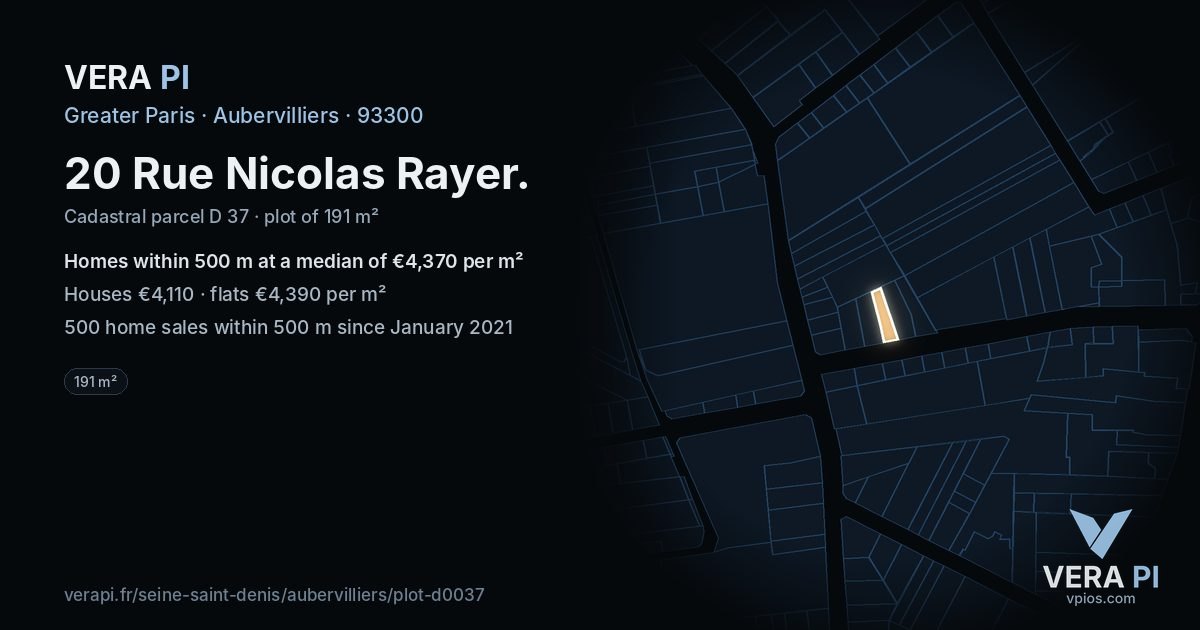 20 Rue Nicolas Rayer, Aubervilliers at night – the plot lit, the parcels around coloured by the prices near them