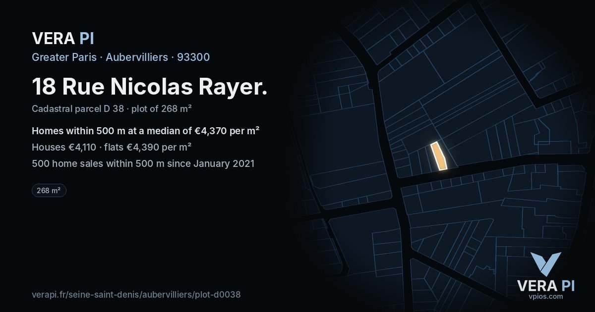 18 Rue Nicolas Rayer, Aubervilliers at night – the plot lit, the parcels around coloured by the prices near them