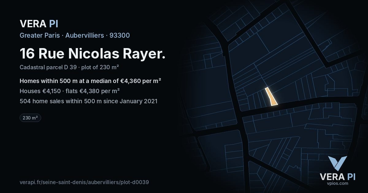 16 Rue Nicolas Rayer, Aubervilliers at night – the plot lit, the parcels around coloured by the prices near them