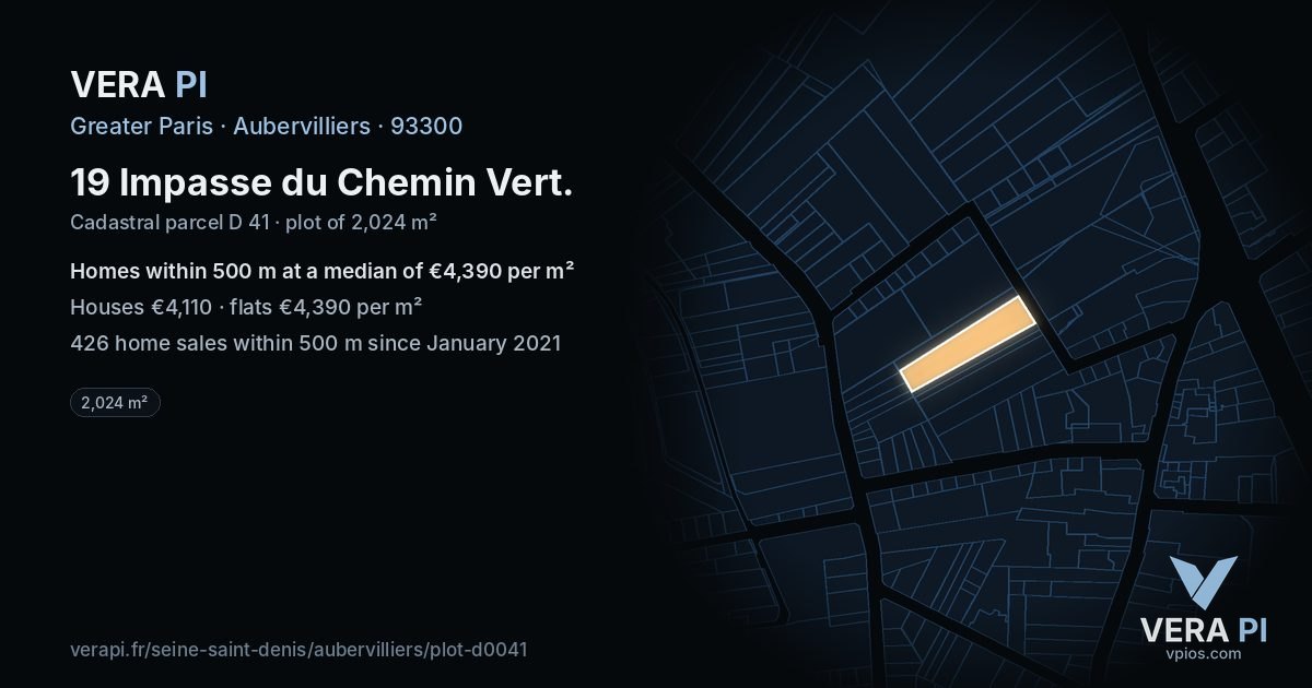 19 Impasse du Chemin Vert, Aubervilliers at night – the plot lit, the parcels around coloured by the prices near them