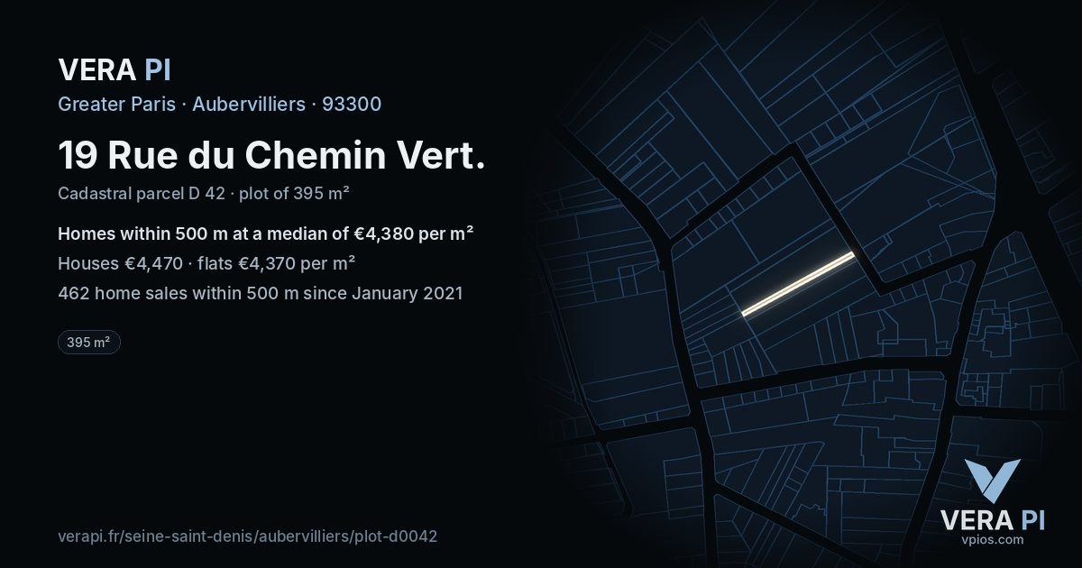 19 Rue du Chemin Vert, Aubervilliers at night – the plot lit, the parcels around coloured by the prices near them