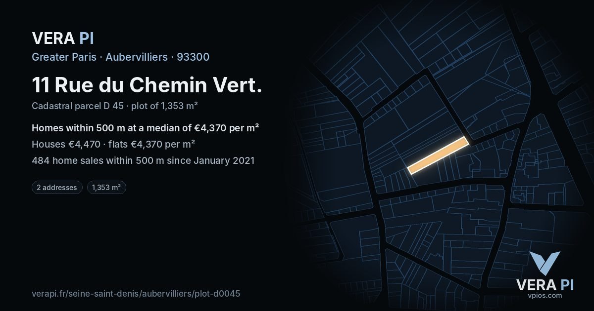 11 Rue du Chemin Vert, Aubervilliers at night – the plot lit, the parcels around coloured by the prices near them