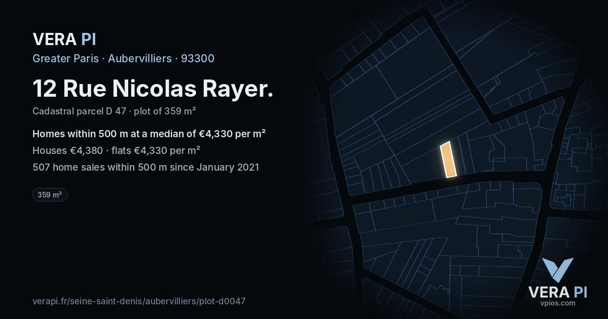 12 Rue Nicolas Rayer, Aubervilliers at night – the plot lit, the parcels around coloured by the prices near them