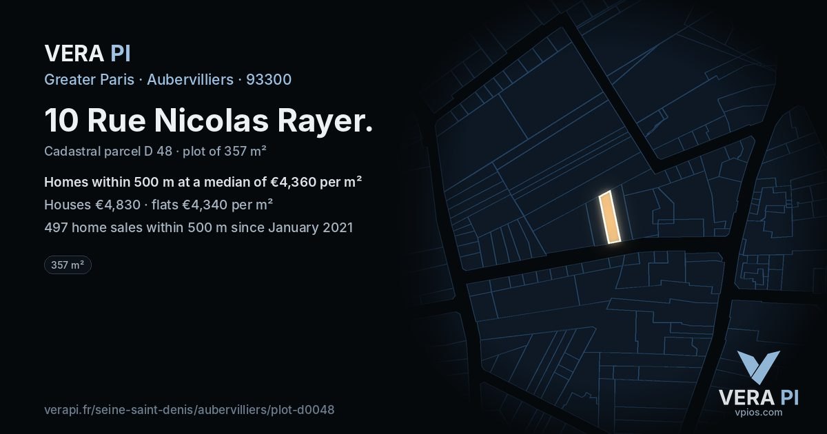 10 Rue Nicolas Rayer, Aubervilliers at night – the plot lit, the parcels around coloured by the prices near them
