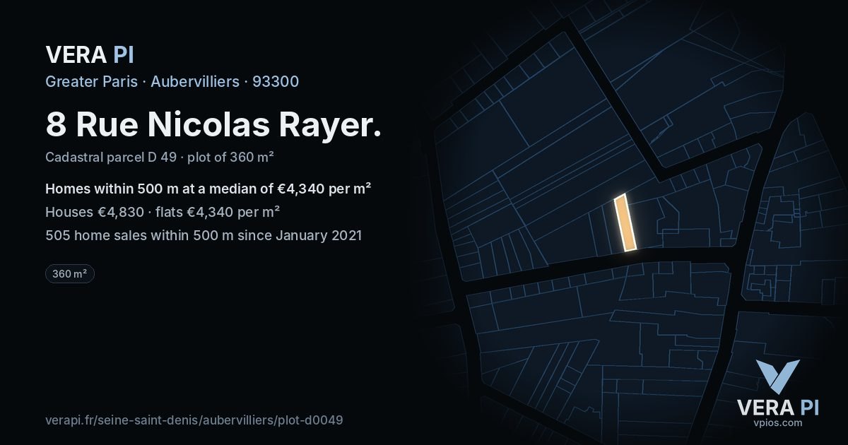 8 Rue Nicolas Rayer, Aubervilliers at night – the plot lit, the parcels around coloured by the prices near them