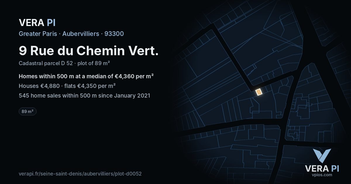9 Rue du Chemin Vert, Aubervilliers at night – the plot lit, the parcels around coloured by the prices near them