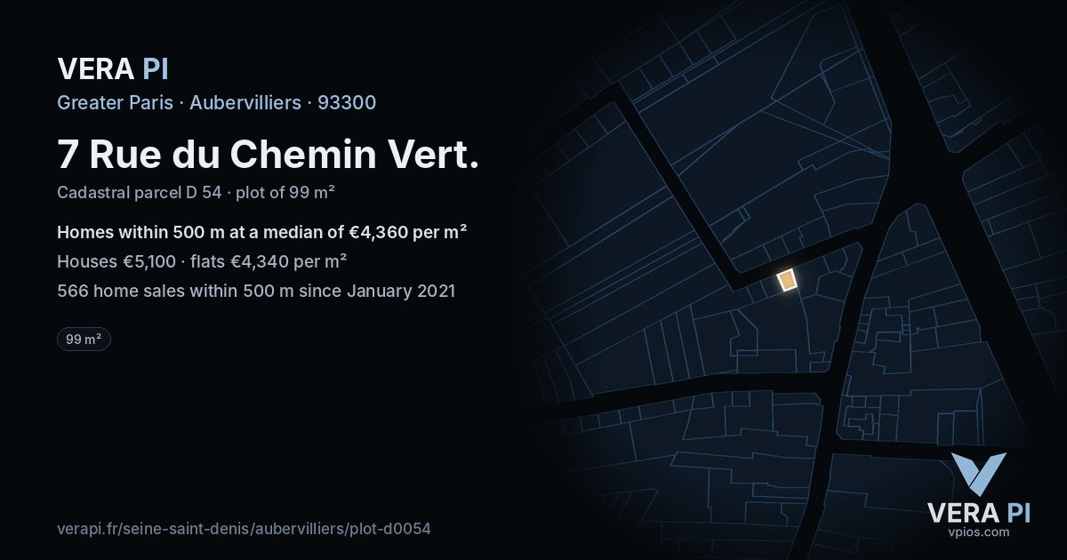 7 Rue du Chemin Vert, Aubervilliers at night – the plot lit, the parcels around coloured by the prices near them