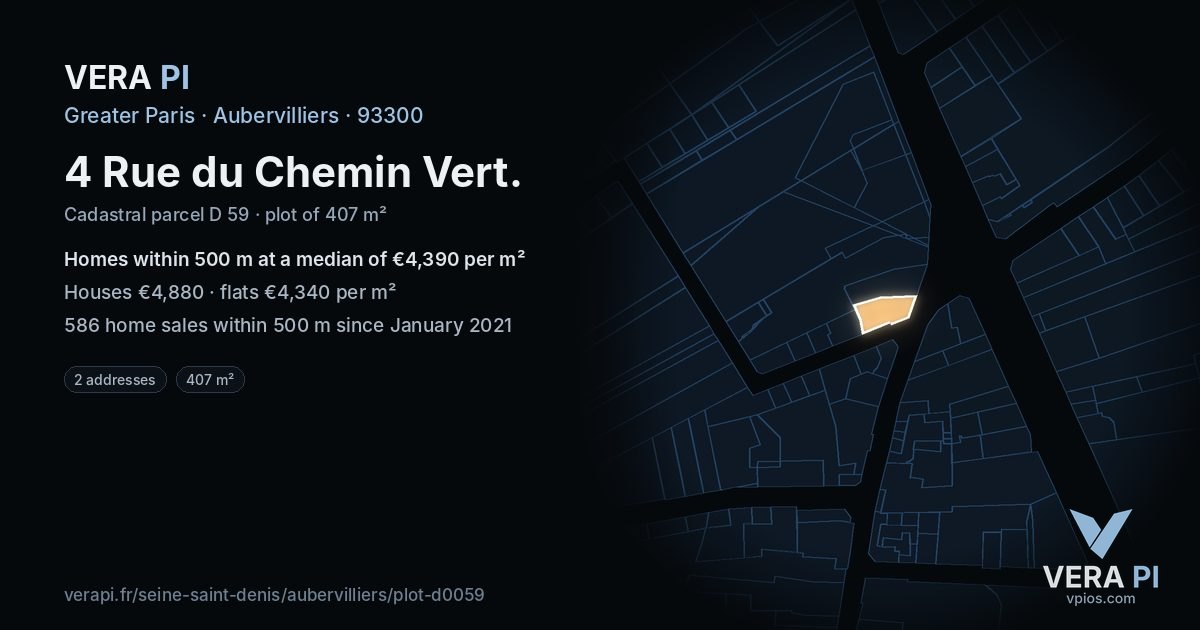 4 Rue du Chemin Vert, Aubervilliers at night – the plot lit, the parcels around coloured by the prices near them