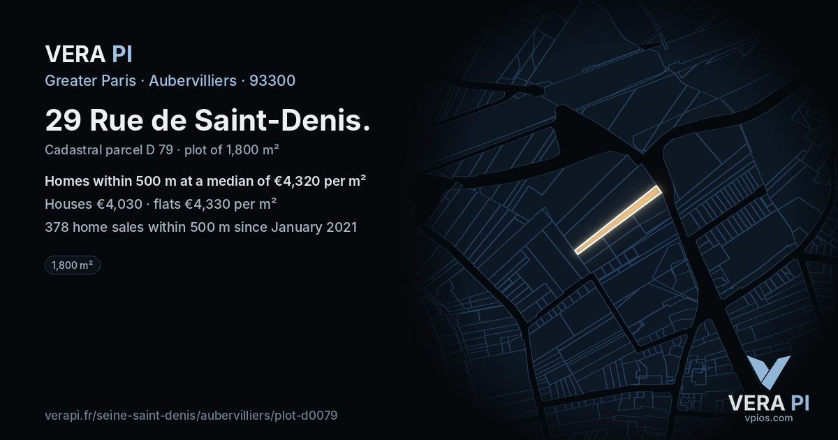 29 Rue de Saint-Denis, Aubervilliers at night – the plot lit, the parcels around coloured by the prices near them
