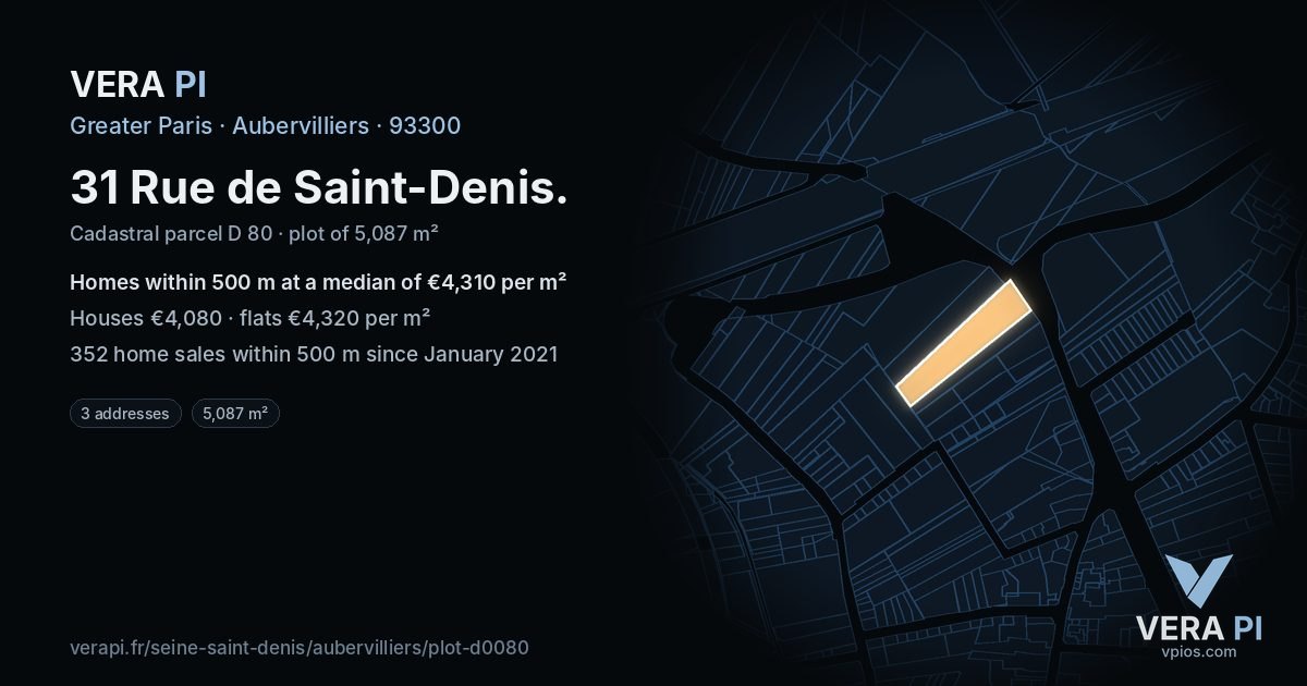 31 Rue de Saint-Denis, Aubervilliers at night – the plot lit, the parcels around coloured by the prices near them