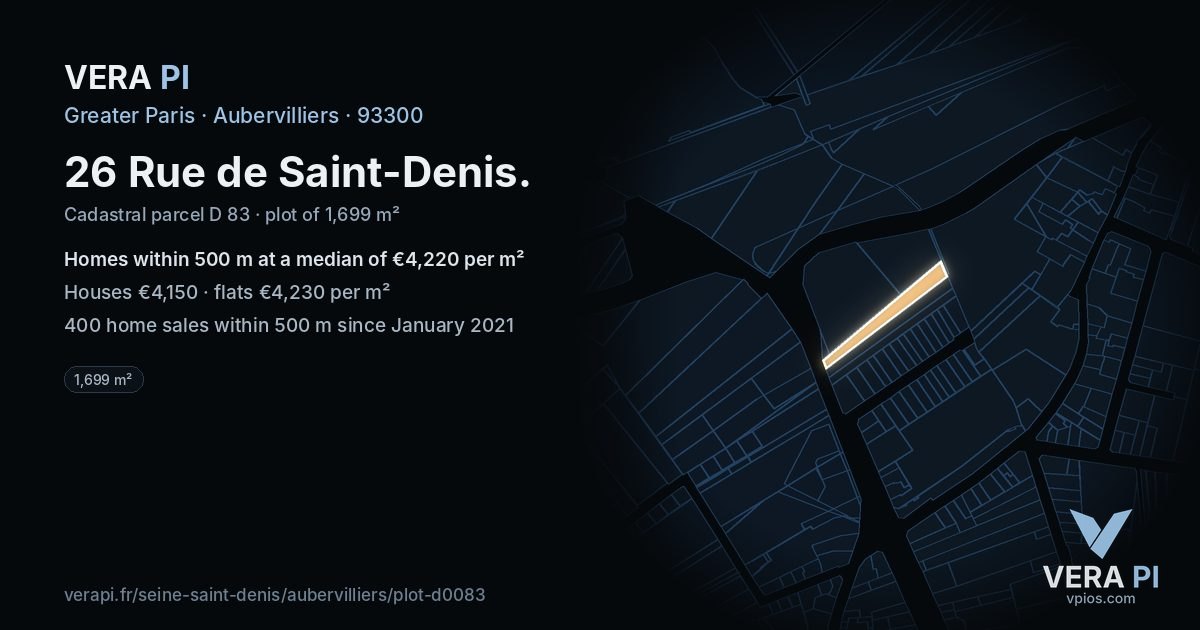 26 Rue de Saint-Denis, Aubervilliers at night – the plot lit, the parcels around coloured by the prices near them