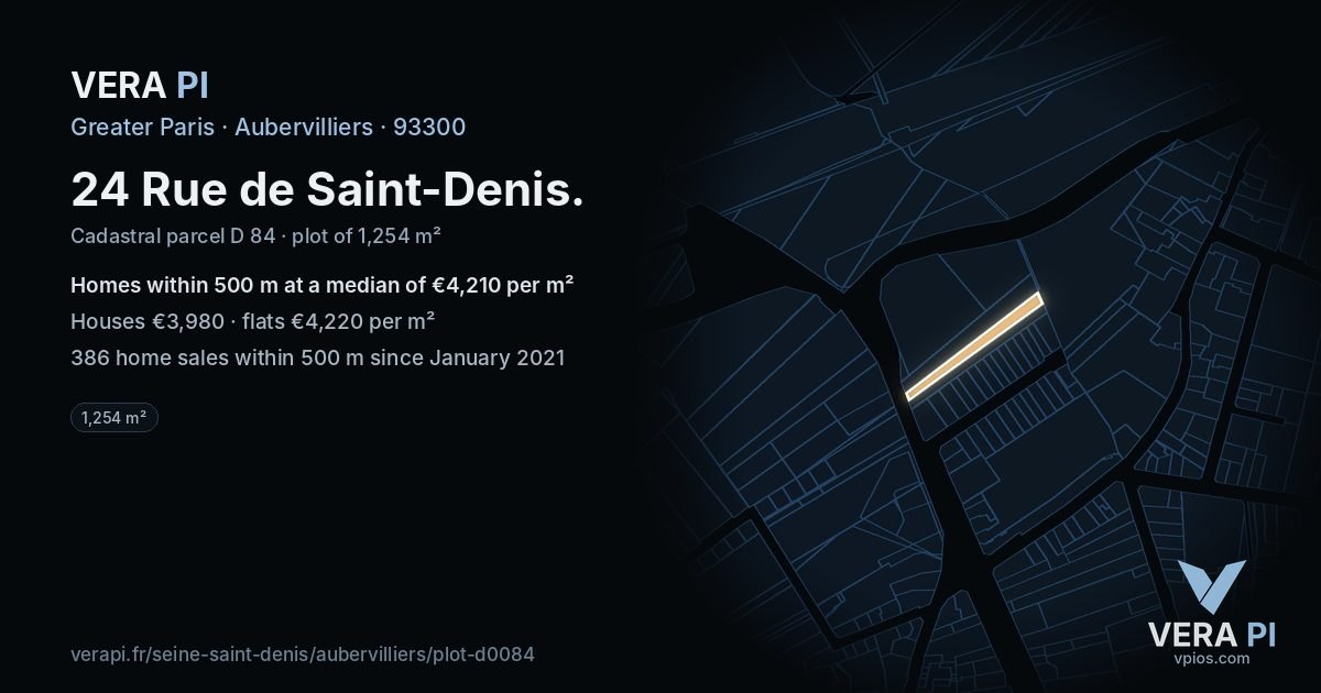 24 Rue de Saint-Denis, Aubervilliers at night – the plot lit, the parcels around coloured by the prices near them