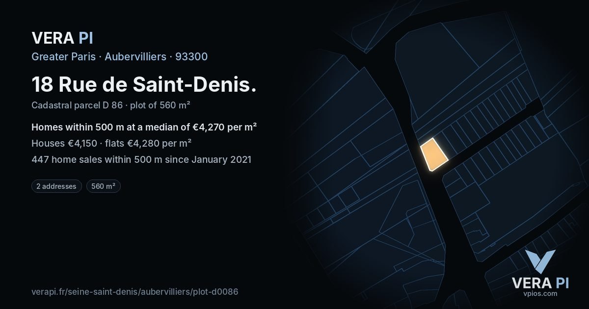 18 Rue de Saint-Denis, Aubervilliers at night – the plot lit, the parcels around coloured by the prices near them