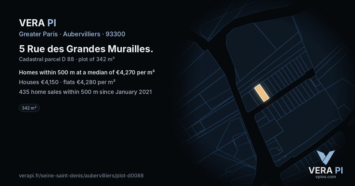 5 Rue des Grandes Murailles, Aubervilliers at night – the plot lit, the parcels around coloured by the prices near them