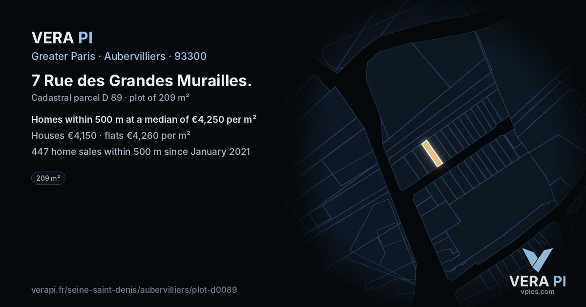 7 Rue des Grandes Murailles, Aubervilliers at night – the plot lit, the parcels around coloured by the prices near them