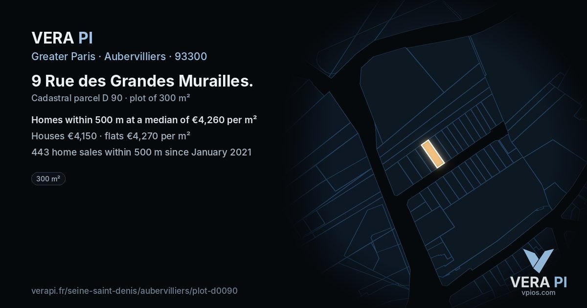 9 Rue des Grandes Murailles, Aubervilliers at night – the plot lit, the parcels around coloured by the prices near them