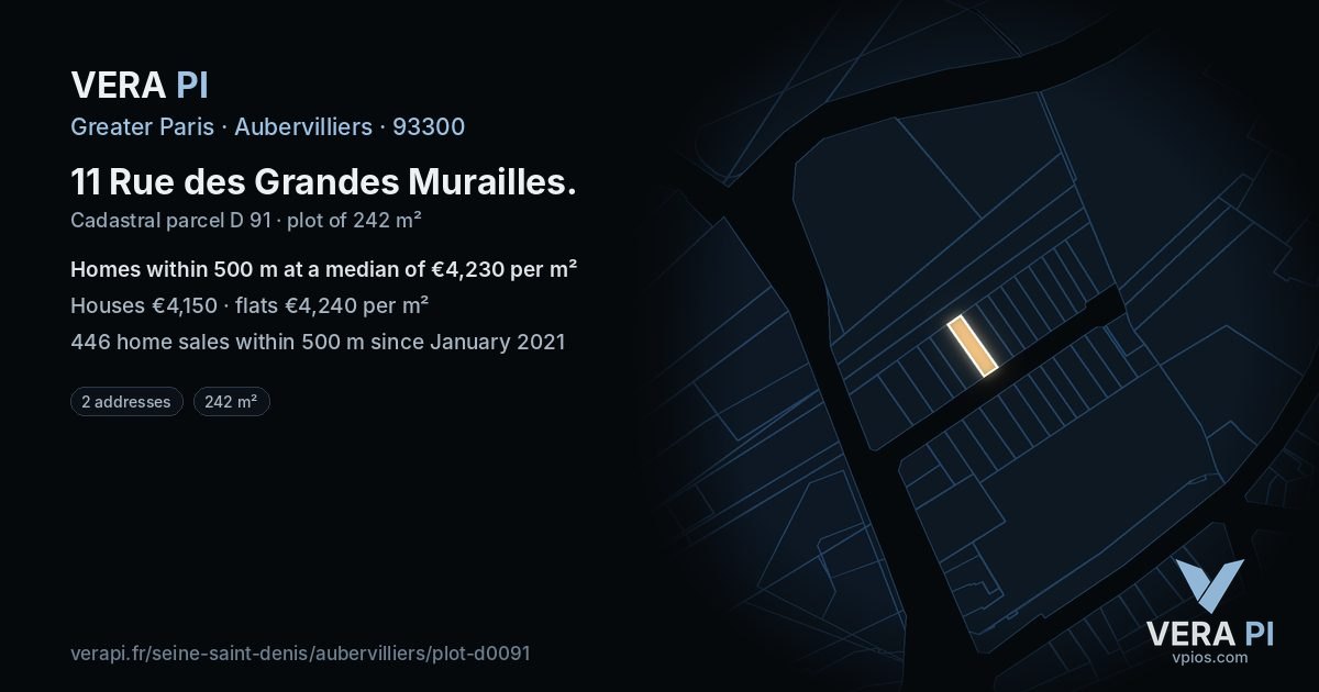 11 Rue des Grandes Murailles, Aubervilliers at night – the plot lit, the parcels around coloured by the prices near them