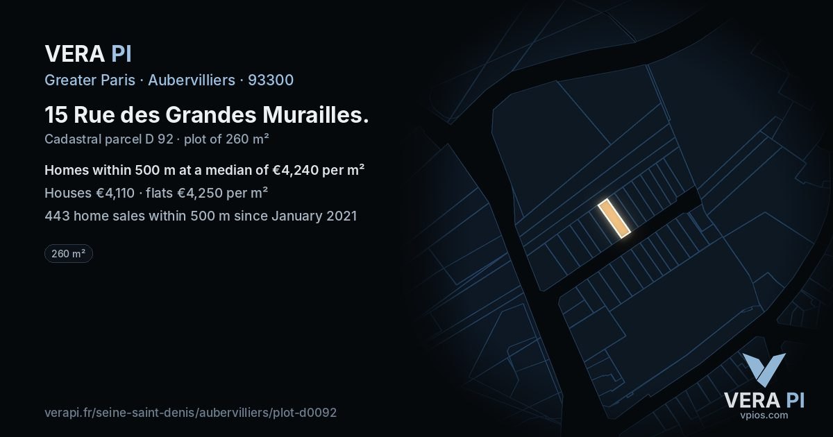 15 Rue des Grandes Murailles, Aubervilliers at night – the plot lit, the parcels around coloured by the prices near them