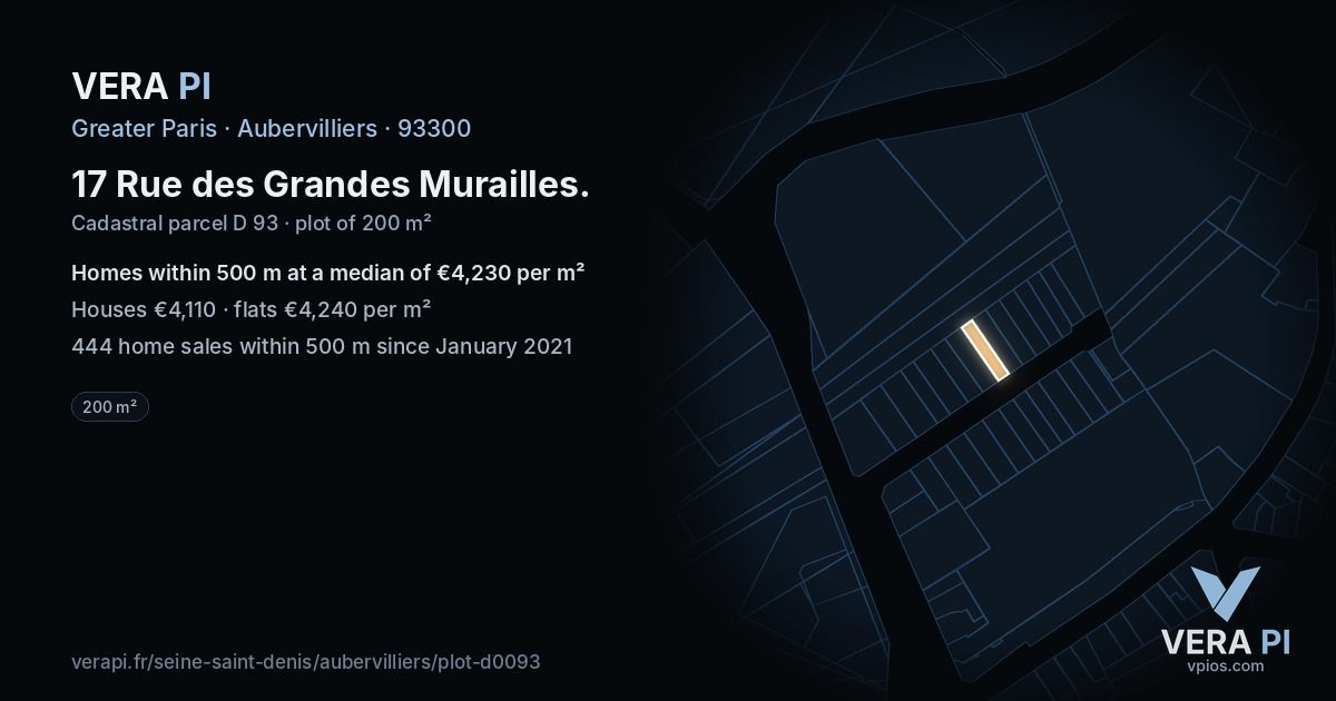 17 Rue des Grandes Murailles, Aubervilliers at night – the plot lit, the parcels around coloured by the prices near them