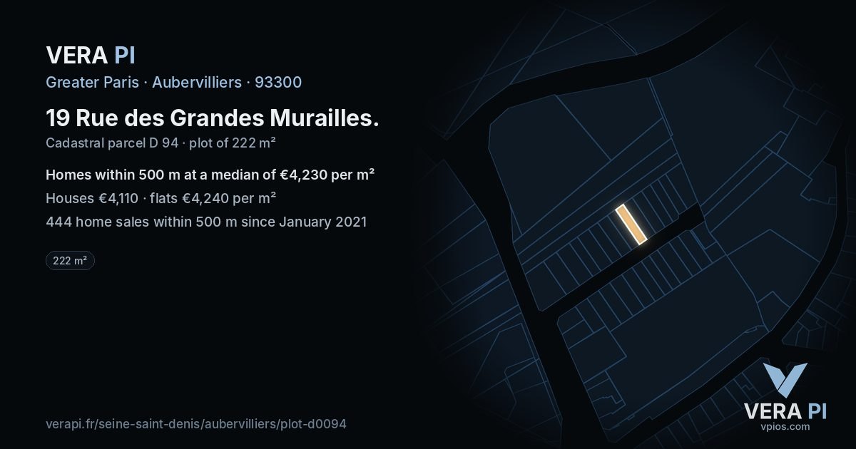 19 Rue des Grandes Murailles, Aubervilliers at night – the plot lit, the parcels around coloured by the prices near them