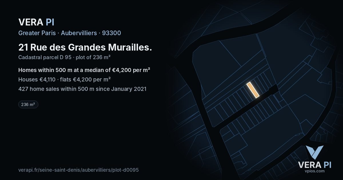 21 Rue des Grandes Murailles, Aubervilliers at night – the plot lit, the parcels around coloured by the prices near them