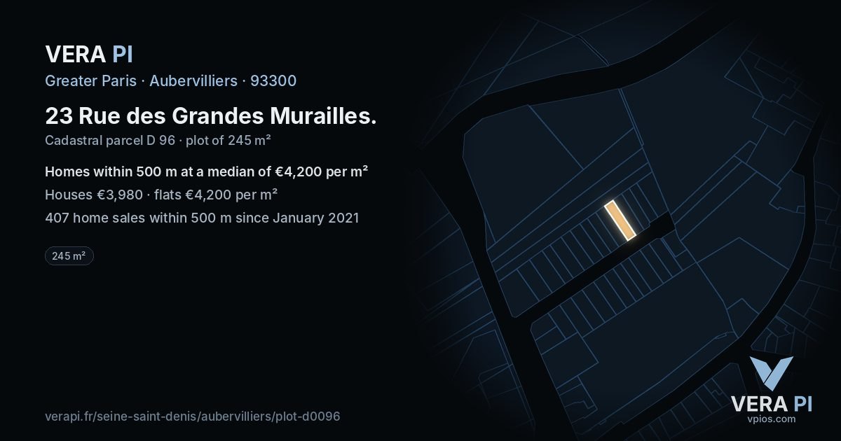 23 Rue des Grandes Murailles, Aubervilliers at night – the plot lit, the parcels around coloured by the prices near them