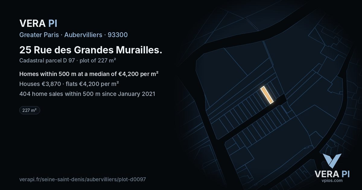 25 Rue des Grandes Murailles, Aubervilliers at night – the plot lit, the parcels around coloured by the prices near them