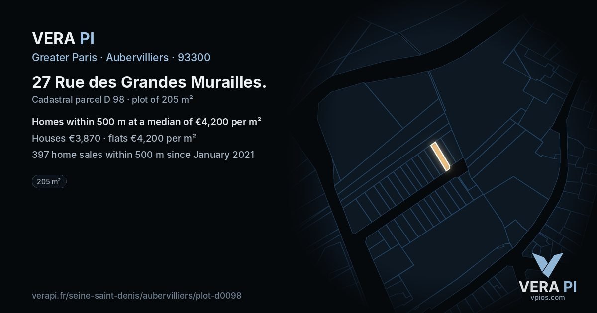 27 Rue des Grandes Murailles, Aubervilliers at night – the plot lit, the parcels around coloured by the prices near them