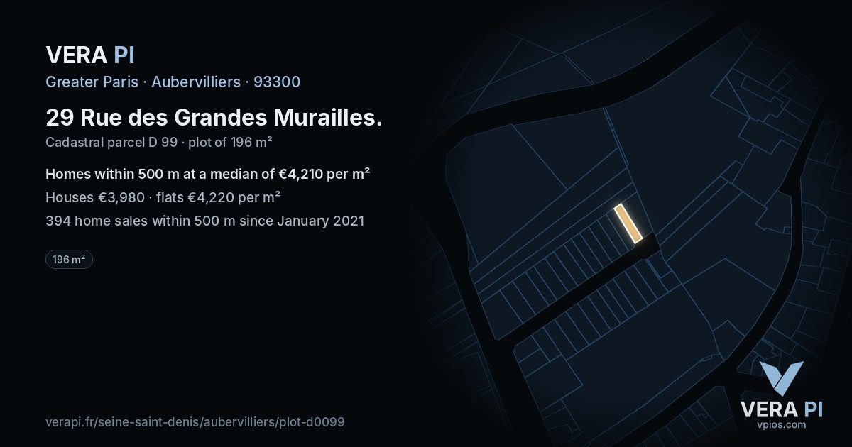 29 Rue des Grandes Murailles, Aubervilliers at night – the plot lit, the parcels around coloured by the prices near them