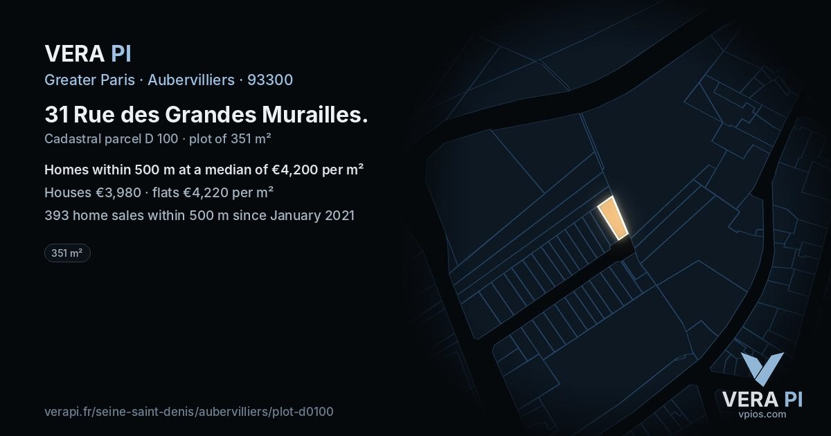 31 Rue des Grandes Murailles, Aubervilliers at night – the plot lit, the parcels around coloured by the prices near them