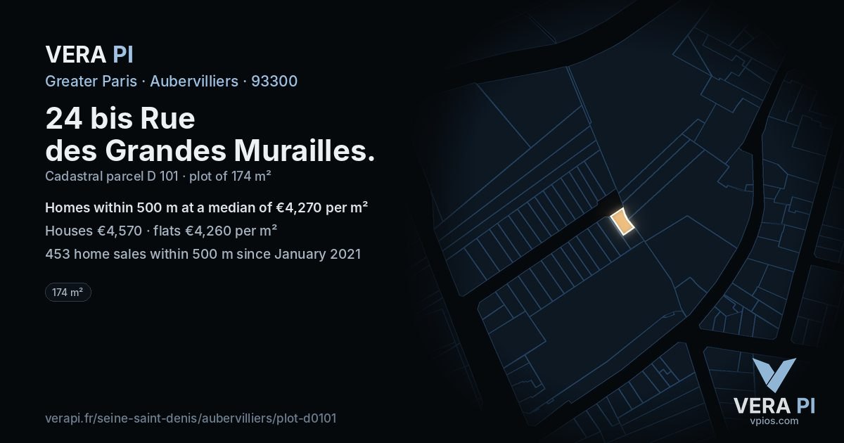 24 bis Rue des Grandes Murailles, Aubervilliers at night – the plot lit, the parcels around coloured by the prices near them