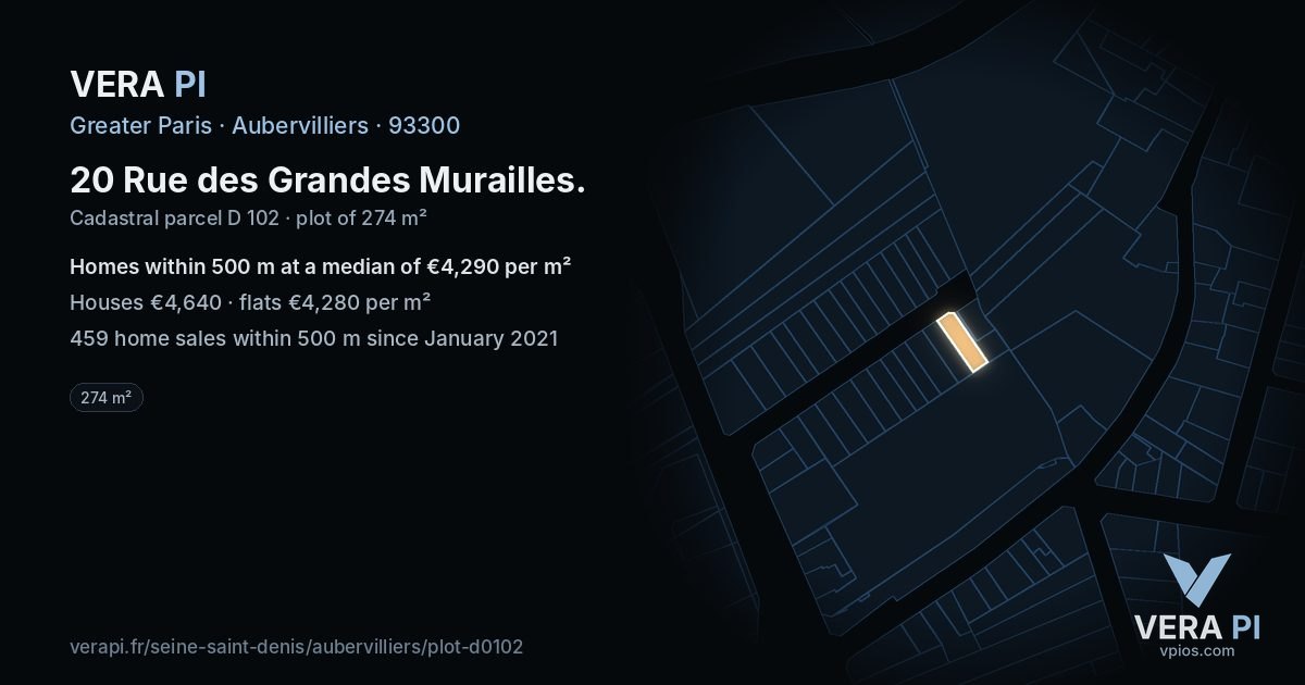 20 Rue des Grandes Murailles, Aubervilliers at night – the plot lit, the parcels around coloured by the prices near them