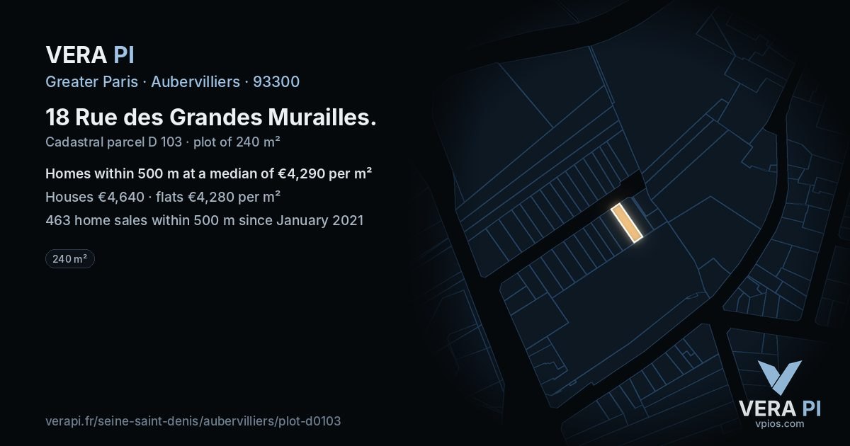 18 Rue des Grandes Murailles, Aubervilliers at night – the plot lit, the parcels around coloured by the prices near them