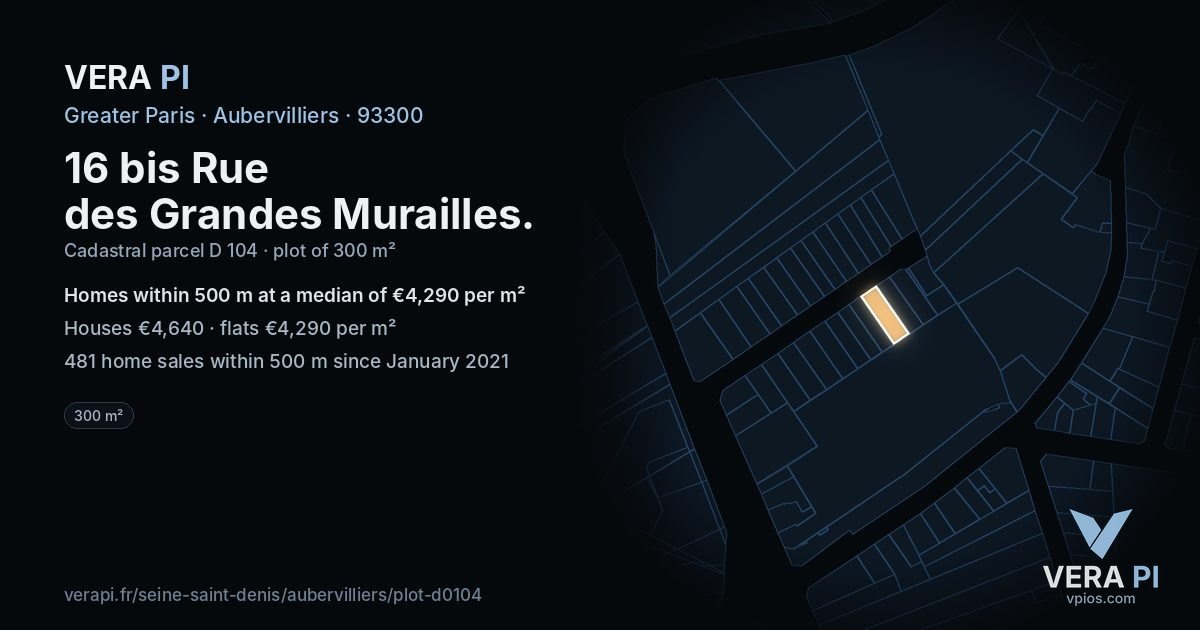 16 bis Rue des Grandes Murailles, Aubervilliers at night – the plot lit, the parcels around coloured by the prices near them