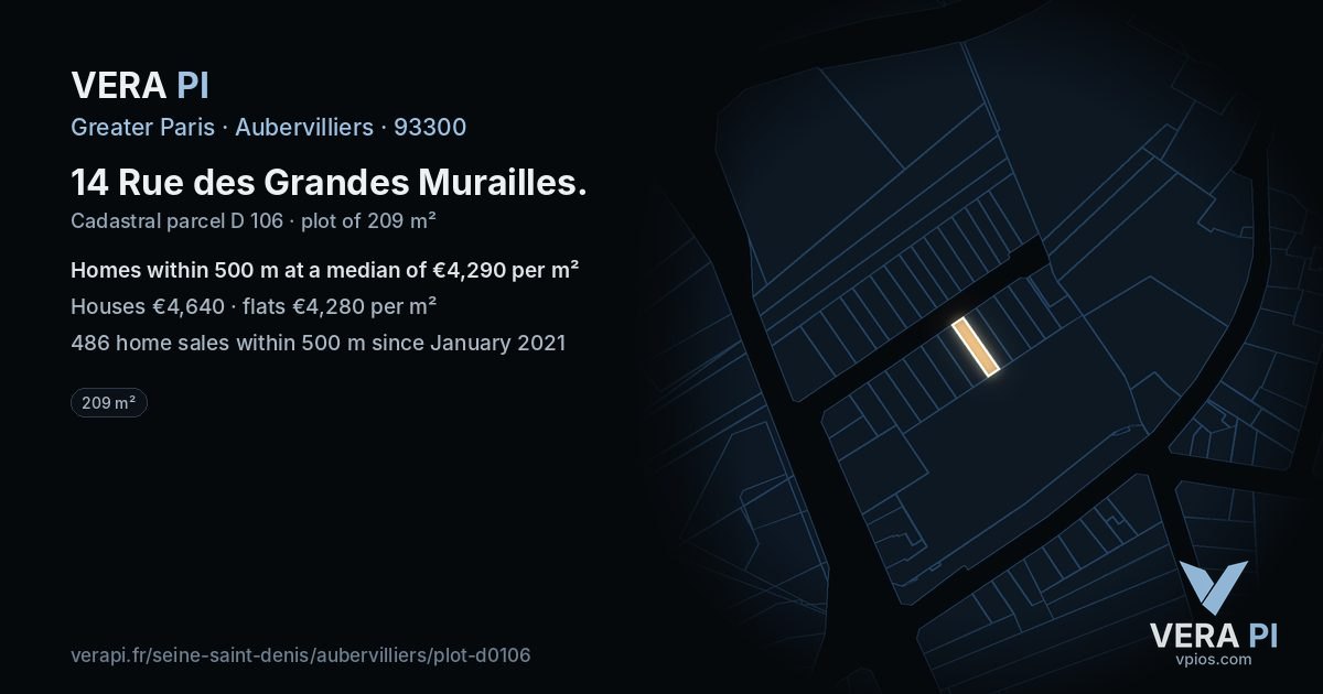 14 Rue des Grandes Murailles, Aubervilliers at night – the plot lit, the parcels around coloured by the prices near them