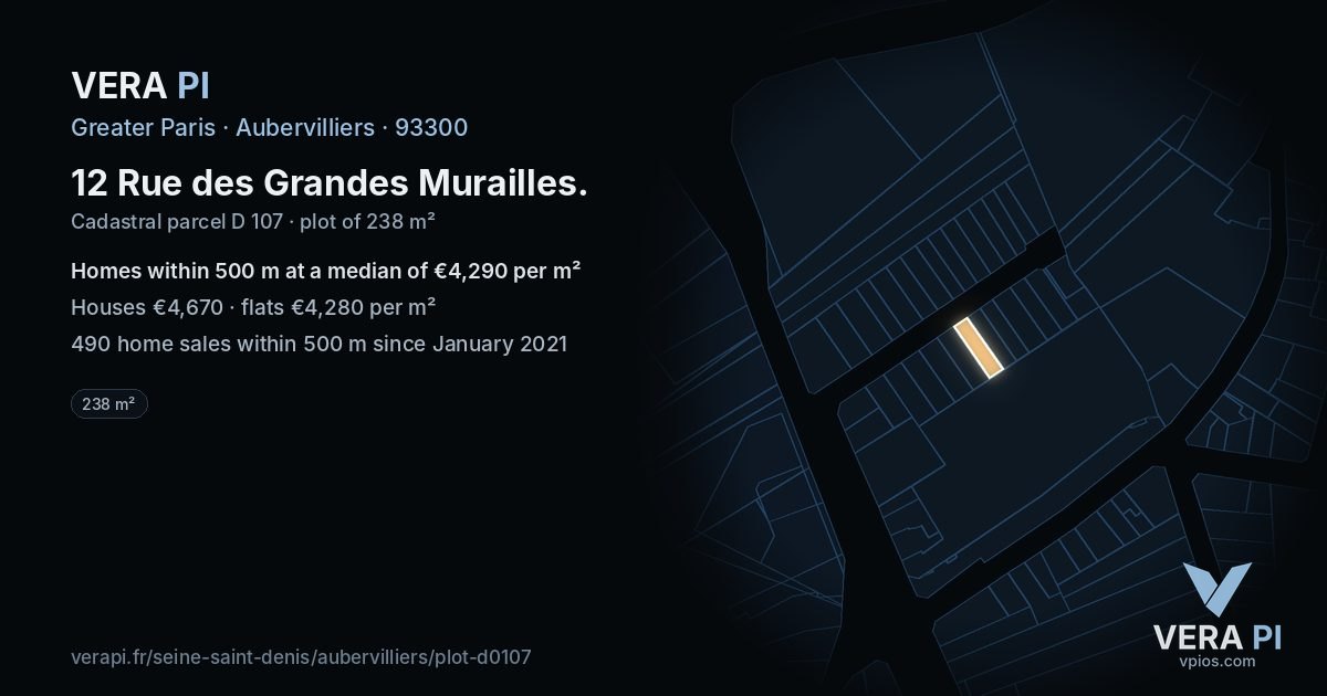 12 Rue des Grandes Murailles, Aubervilliers at night – the plot lit, the parcels around coloured by the prices near them