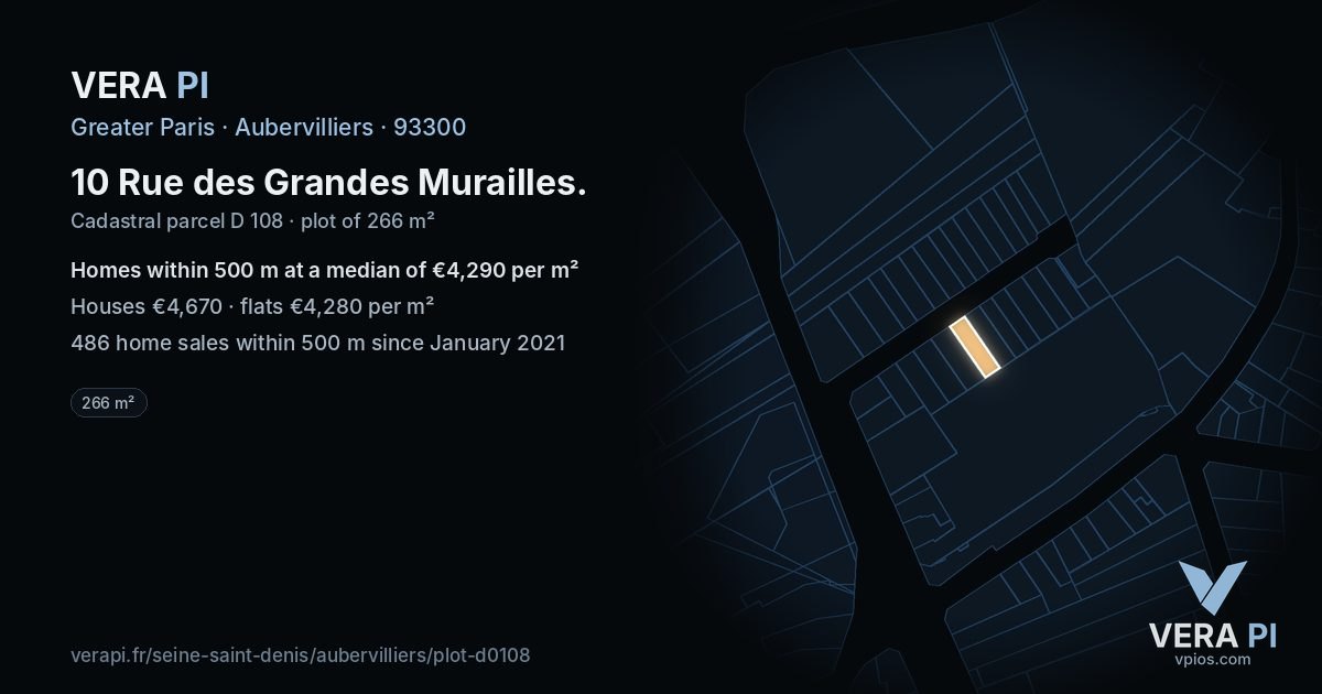 10 Rue des Grandes Murailles, Aubervilliers at night – the plot lit, the parcels around coloured by the prices near them