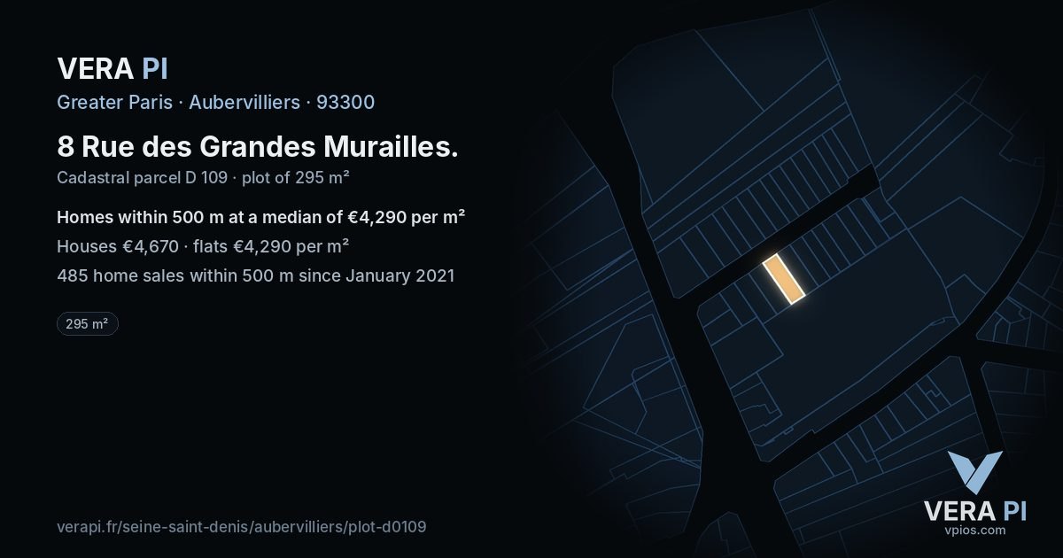 8 Rue des Grandes Murailles, Aubervilliers at night – the plot lit, the parcels around coloured by the prices near them