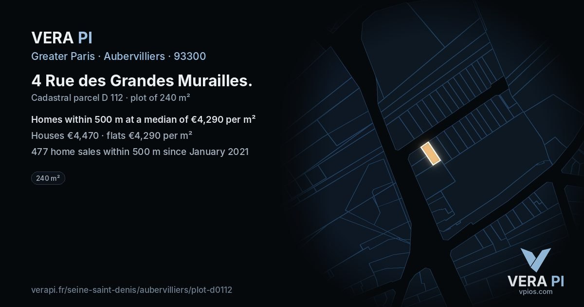 4 Rue des Grandes Murailles, Aubervilliers at night – the plot lit, the parcels around coloured by the prices near them