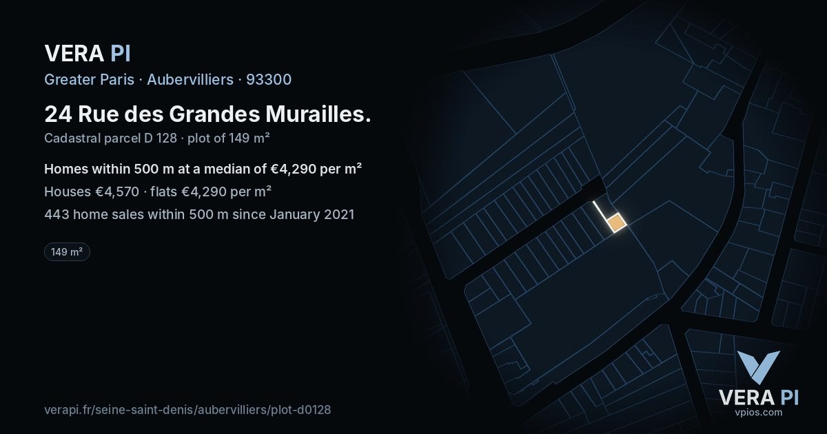 24 Rue des Grandes Murailles, Aubervilliers at night – the plot lit, the parcels around coloured by the prices near them
